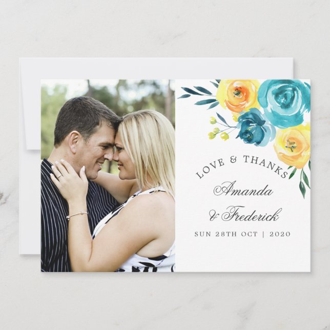 Turquoise and Yellow Floral Wedding Thank You Card (Front)