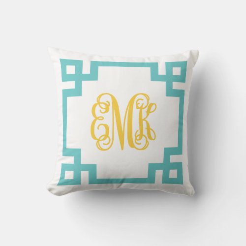 Turquoise and Yellow Greek Key Script Monogram Throw Pillow