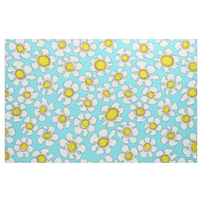 Turquoise and Yellow Single Line Daisy Pattern Fabric (Yard)