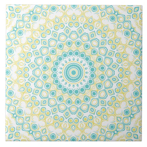 Turquoise and Yellow Summer Mandala Design Ceramic Tile