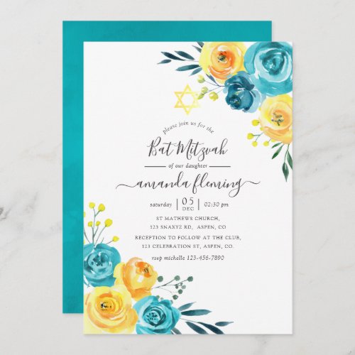 Turquoise and Yellow Watercolor Floral Bat Mitzvah Invitation