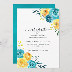 Turquoise and Yellow Watercolor Floral Birthday Invitation