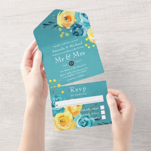 Turquoise and Yellow Watercolor Floral Wedding All In One Invitation