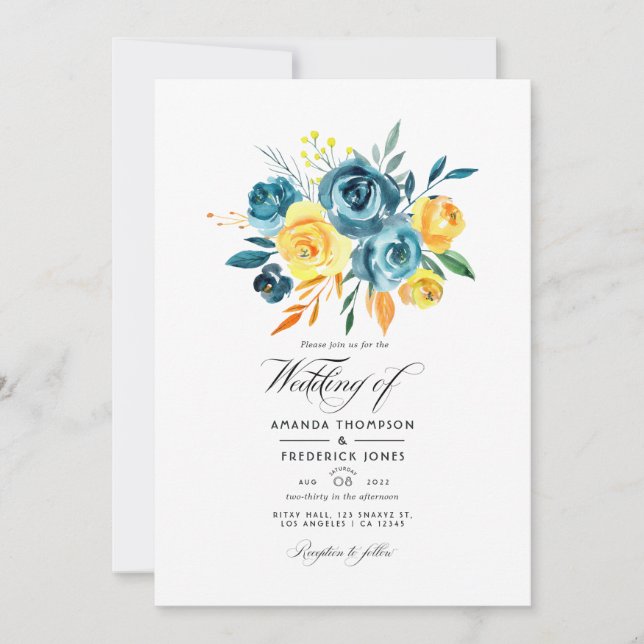Turquoise and Yellow Watercolor Floral Wedding Invitation (Front)