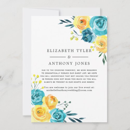 Turquoise and Yellow Wedding Reduced Guest List Announcement