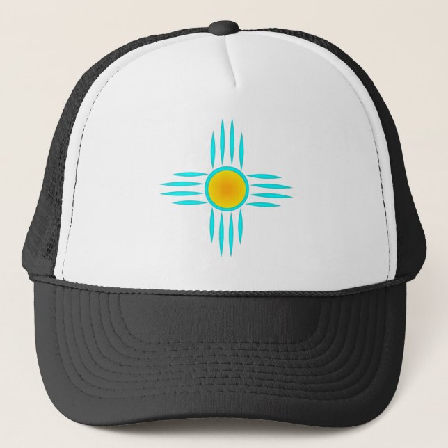 Turquoise and Yellow Zia Trucker Hat (Front)