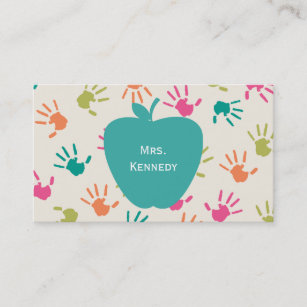 Turquoise Apple Colorful Handprints Teacher Business Card