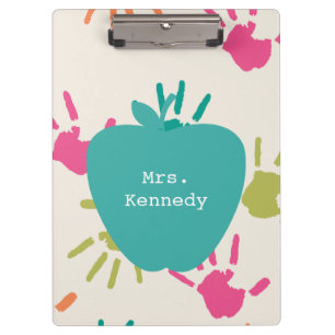 Turquoise Apple Colorful Handprints Teacher Clipboard