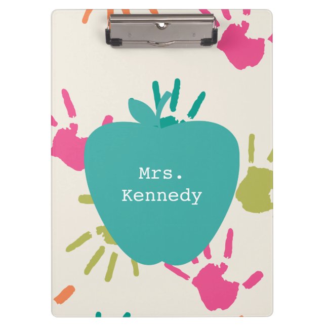 Turquoise Apple Colorful Handprints Teacher Clipboard (Front)