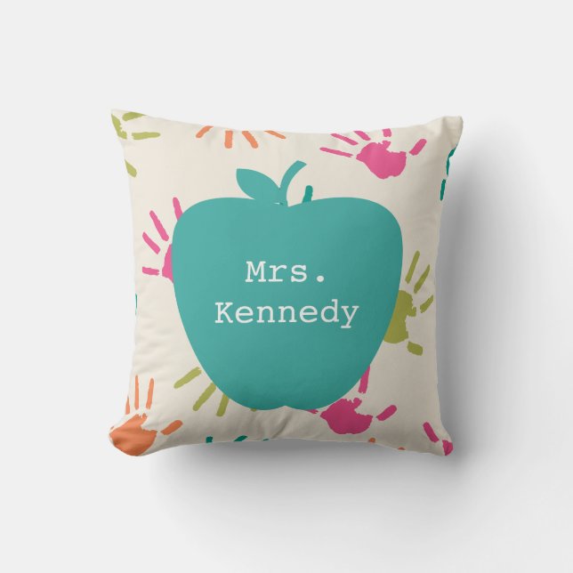 Turquoise Apple Colorful Handprints Teacher Throw Pillow (Front)