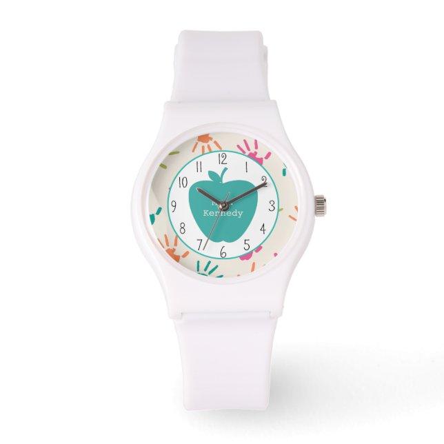 Turquoise Apple Colorful Handprints Teacher Watch (Front)