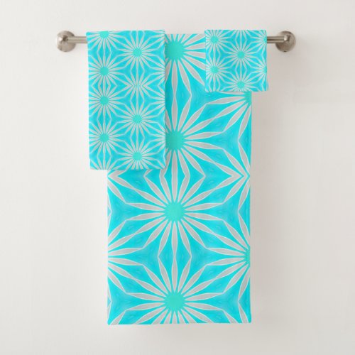 Turquoise Aqua and Gray Flowers with Cyan  Bath Towel Set