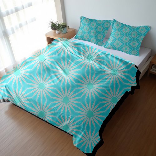 Turquoise Aqua and Gray Flowers with Cyan  Duvet Cover