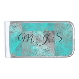 Turquoise Aqua and Gray Modern Distressed Silver Finish Money Clip