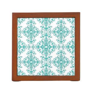 Turquoise Aqua and White Fancy Floral Damask Pencil Holder