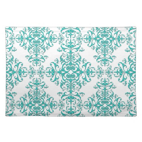 Turquoise Aqua and White Fancy Floral Damask Placemat