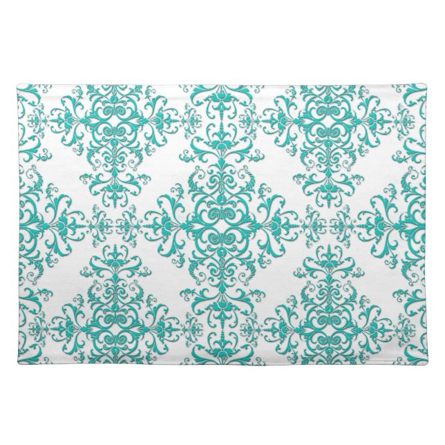 Turquoise Aqua and White Fancy Floral Damask Placemat (Front)