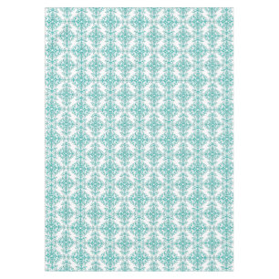 Turquoise Aqua and White Fancy Floral Damask Tablecloth