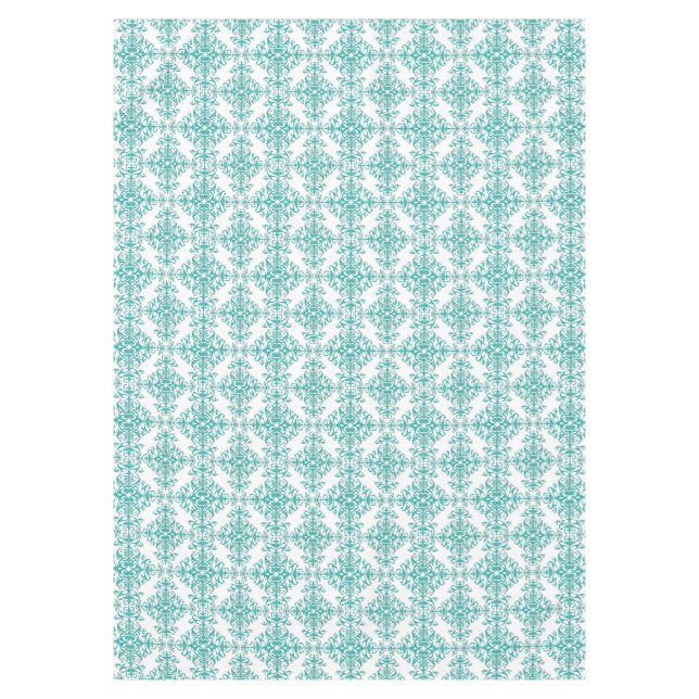 Turquoise Aqua and White Fancy Floral Damask Tablecloth (Front)
