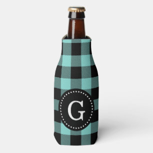 Turquoise Aqua Blk Buffalo Check Plaid 1I Monogram Bottle Cooler