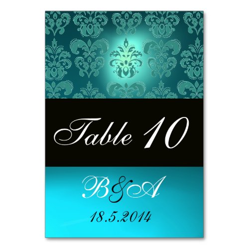 TURQUOISE AQUA BLUE BLACK CLASSY DAMASK MONOGRAM TABLE NUMBER