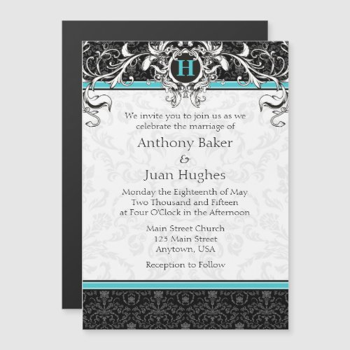 Turquoise Aqua Blue Black Monogram Wedding Magnetic Invitation