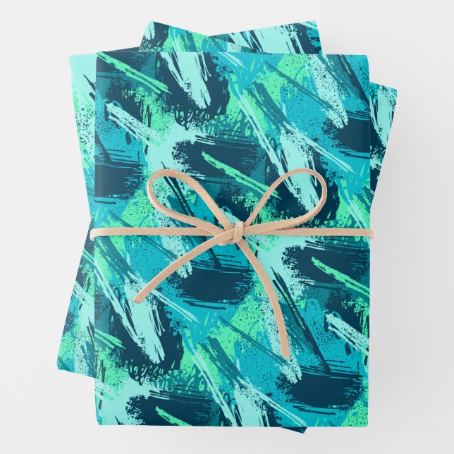 Turquoise Aqua Blue Brush Wrapping Paper Sheets (In situ)