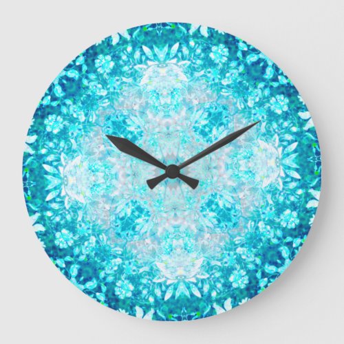 Turquoise Aqua Blue Floral Pattern Large Clock