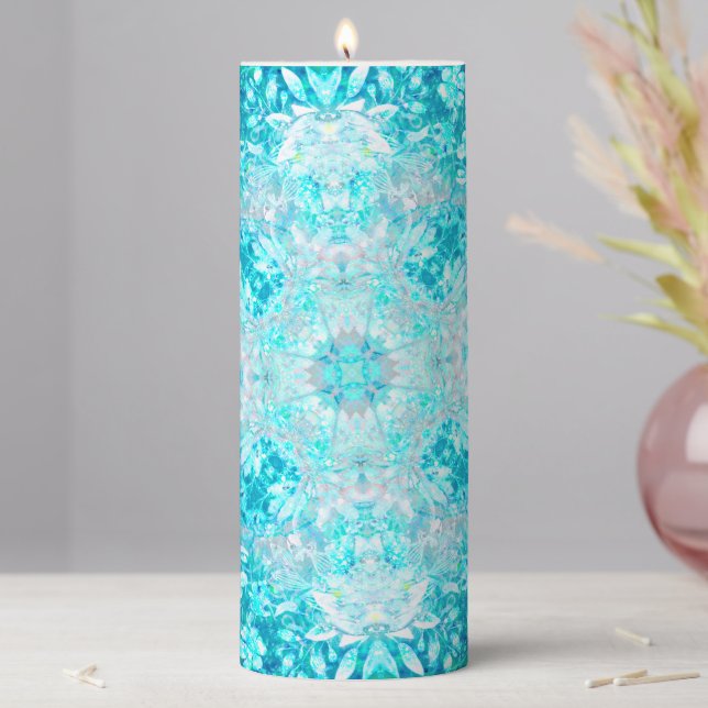 Turquoise Aqua Blue Floral Pattern    Pillar Candle (In Situ)