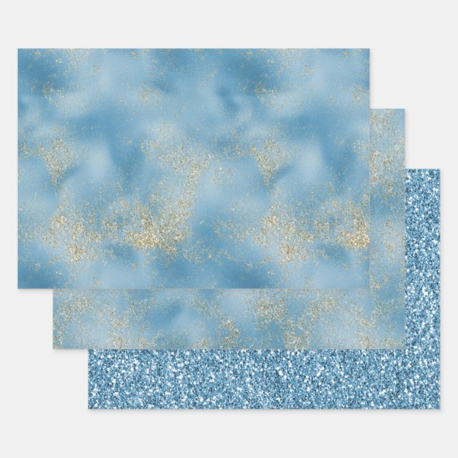 Turquoise Aqua Blue Glam Gold Glitter     Wrapping Paper Sheets (Set)