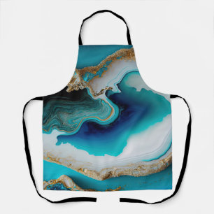 Turquoise Aqua Blue Gold Gemstone Acrylic Pour Art Apron