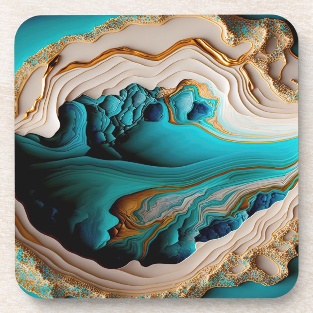 Turquoise Aqua Blue Gold Gemstone Acrylic Pour Art Beverage Coaster (Front)
