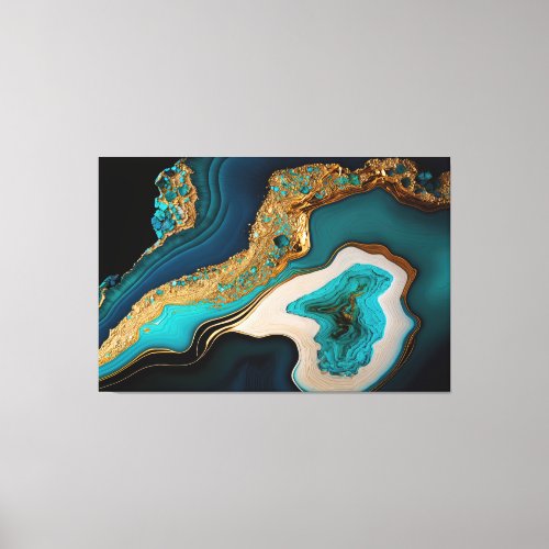 Turquoise Aqua Blue Gold Gemstone Acrylic Pour Art Canvas Print
