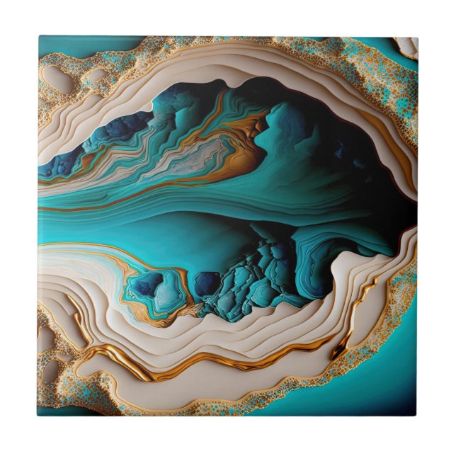 Turquoise Aqua Blue Gold Gemstone Acrylic Pour Art Ceramic Tile (Front)