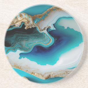 Turquoise Aqua Blue Gold Gemstone Acrylic Pour Art Coaster