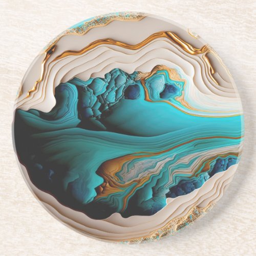 Turquoise Aqua Blue Gold Gemstone Acrylic Pour Art Coaster