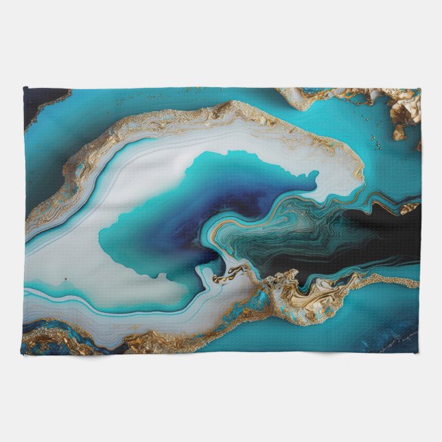 Turquoise Aqua Blue Gold Gemstone Acrylic Pour Art Kitchen Towel (Horizontal)