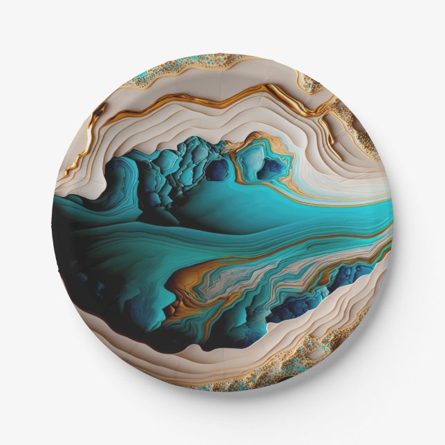 Turquoise Aqua Blue Gold Gemstone Acrylic Pour Art Paper Plates (Front)