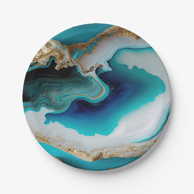 Turquoise Aqua Blue Gold Gemstone Acrylic Pour Art Paper Plates (Front)