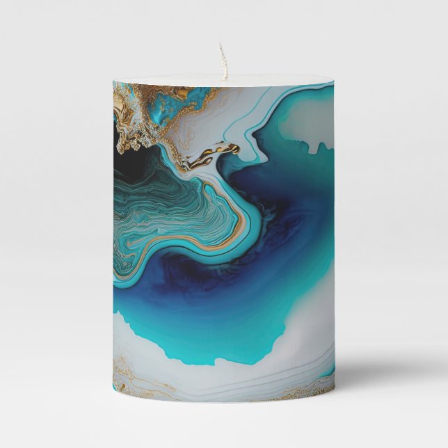 Turquoise Aqua Blue Gold Gemstone Acrylic Pour Art Pillar Candle (Front)