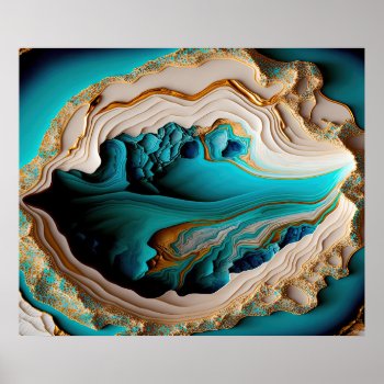Turquoise Aqua Blue Gold Gemstone Acrylic Pour Art Poster by azlaird at Zazzle