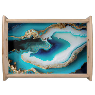Turquoise Aqua Blue Gold Gemstone Acrylic Pour Art Serving Tray
