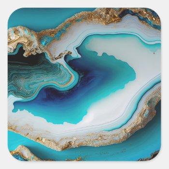Turquoise Aqua Blue Gold Gemstone Acrylic Pour Art Square Sticker by azlaird at Zazzle