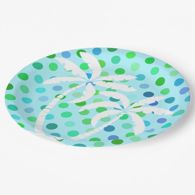 Turquoise Aqua Blue Lime Green Polkadots Pattern Paper Plates (Angled)