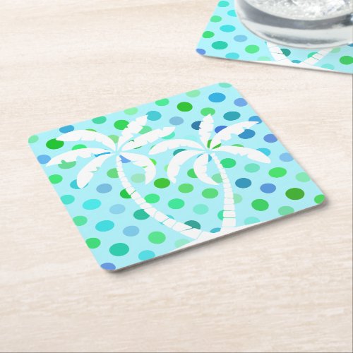 Turquoise Aqua Blue Lime Green Polkadots Pattern Square Paper Coaster