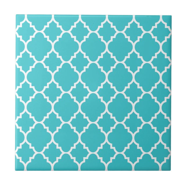 Turquoise Aqua Blue Quatrefoil Moroccan Pattern Ceramic Tile (Front)