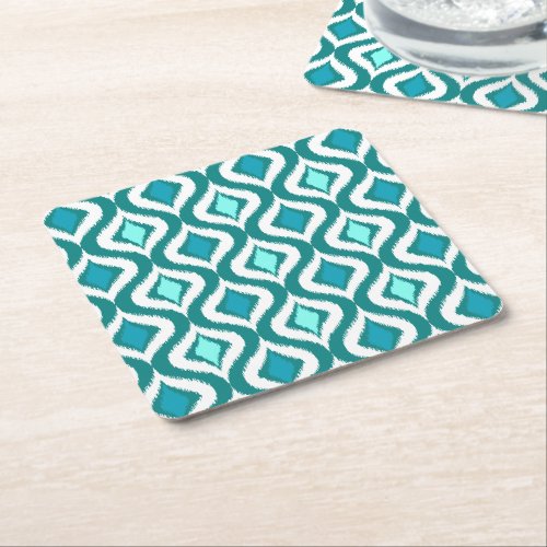 Turquoise Aqua Blue Retro Chic Ikat Drops Pattern Square Paper Coaster