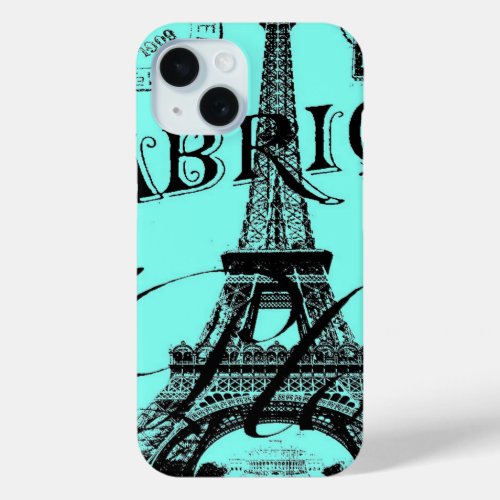 turquoise aqua blue scripts Paris Eiffel Tower iPhone 15 Case