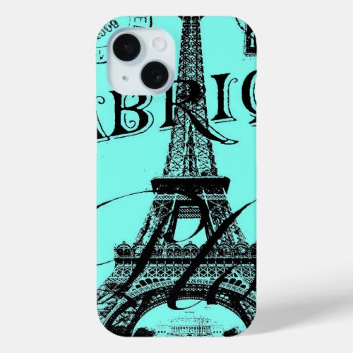 turquoise aqua blue scripts Paris Eiffel Tower iPhone 15 Case