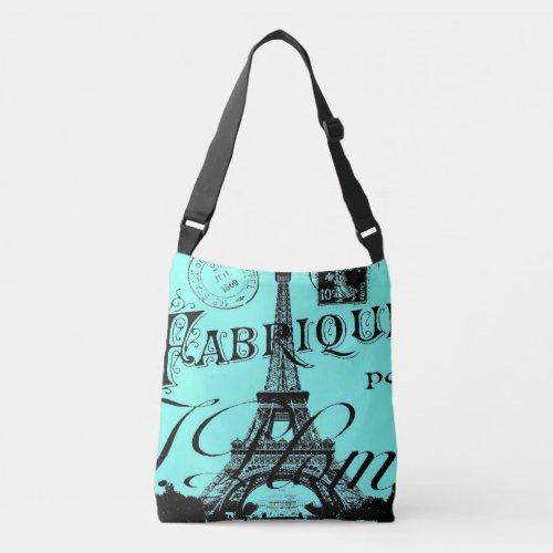turquoise aqua blue scripts Paris Eiffel Tower Crossbody Bag